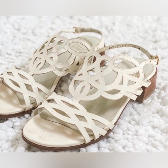 Stuart Weitzman White Cutout Leather Sandals Block Heel Size 7 - Picture 6 of 11